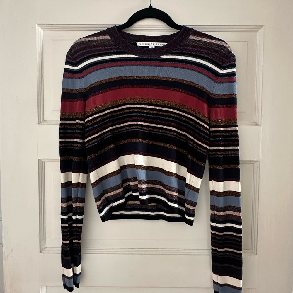 Veronica Beard Multi-Stripe Crewneck Sweater in Burgundy, Navy & Cream